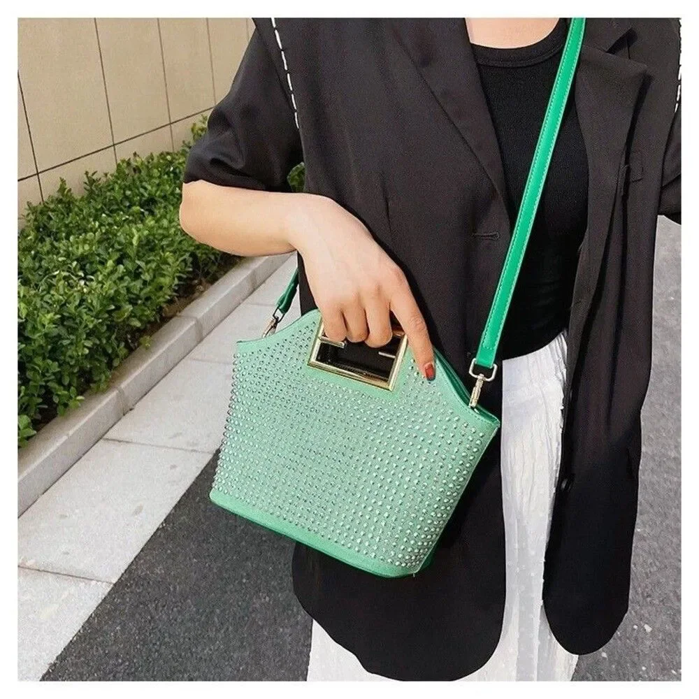 Women's Green  Top Handle Stone Studded Metal Handle Satchel Handbag